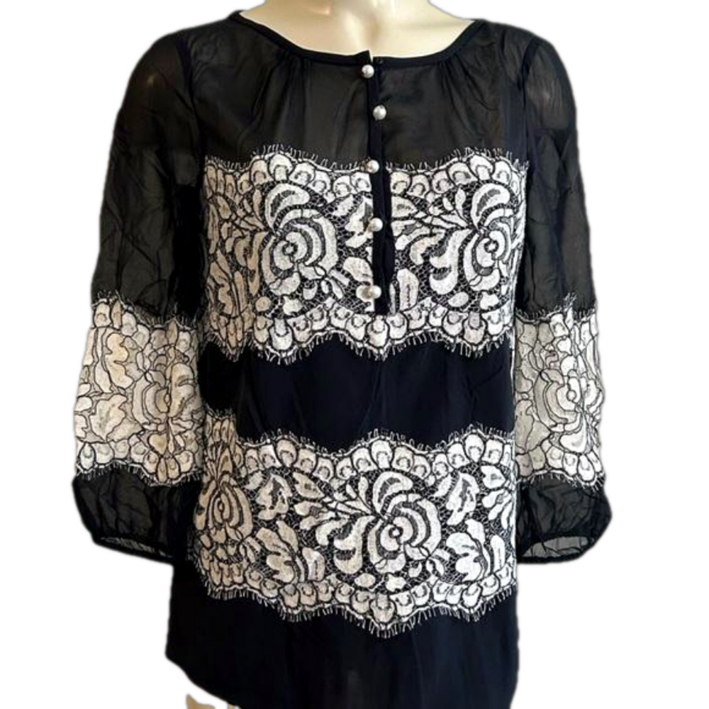 St. John Black Lace Overlay Silk Pearl Button Blouse Size 2 $595